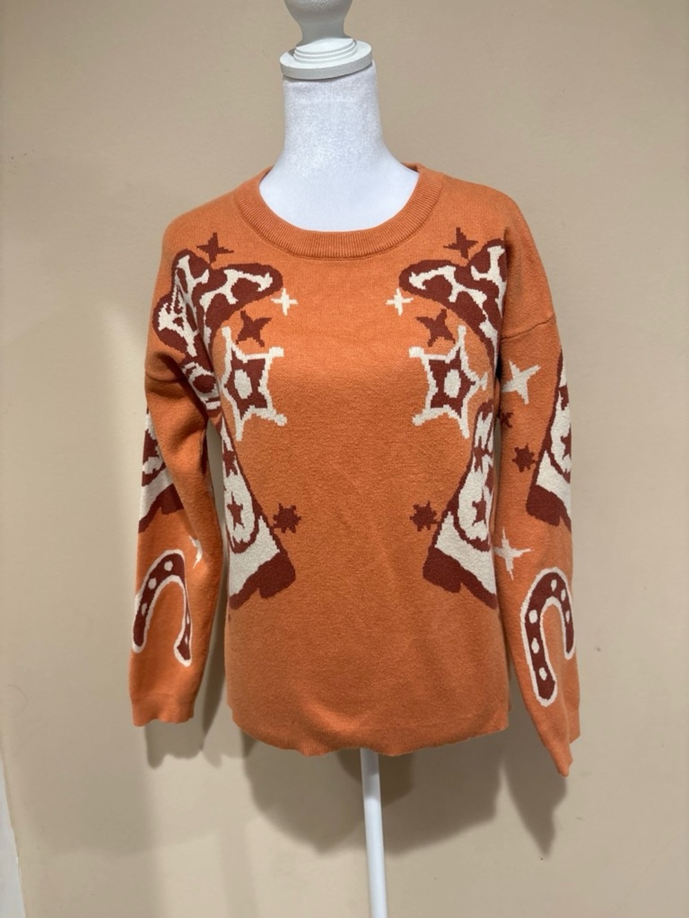 Staccato Orange Western Motif Crewneck Sweater